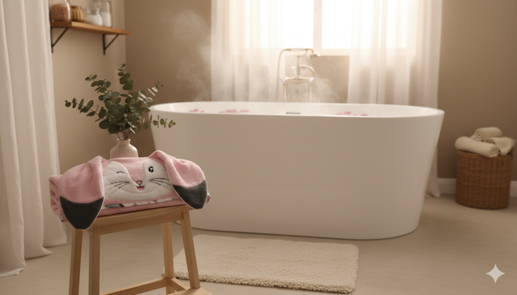 cape de bain lapin rose et gris posée sur un tabouret en bois dans une salle de bain