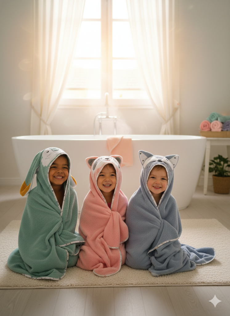 3 enfants assis enveloppés dans différentes capes de bain dans une salle de bain
