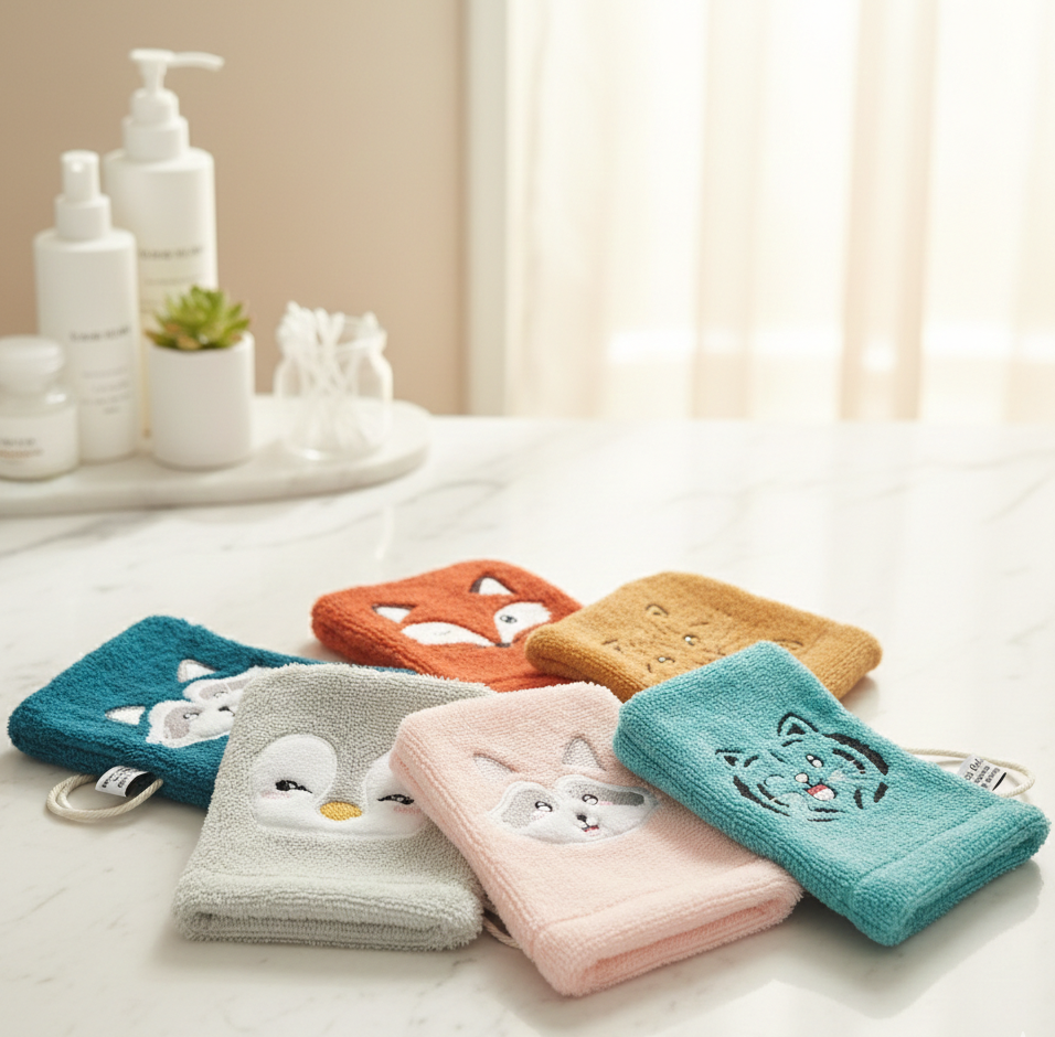 gants de toilettes pour enfant posé dans une salle de bain de marbre gris