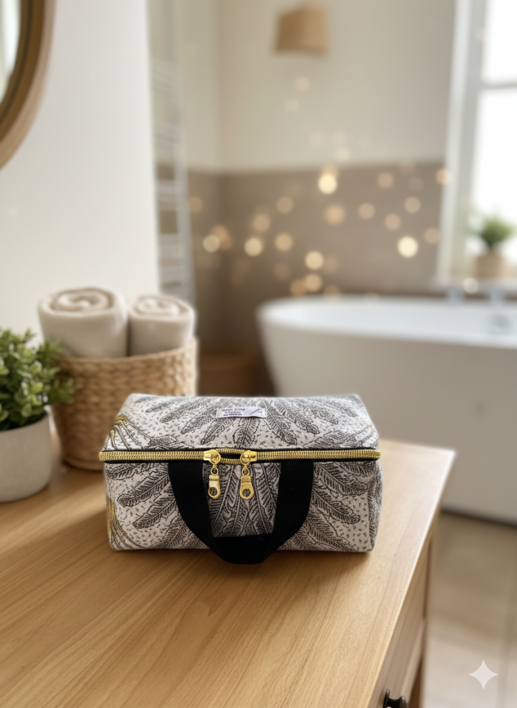 trousse de toilette noir et dorée dans salle de bain chic