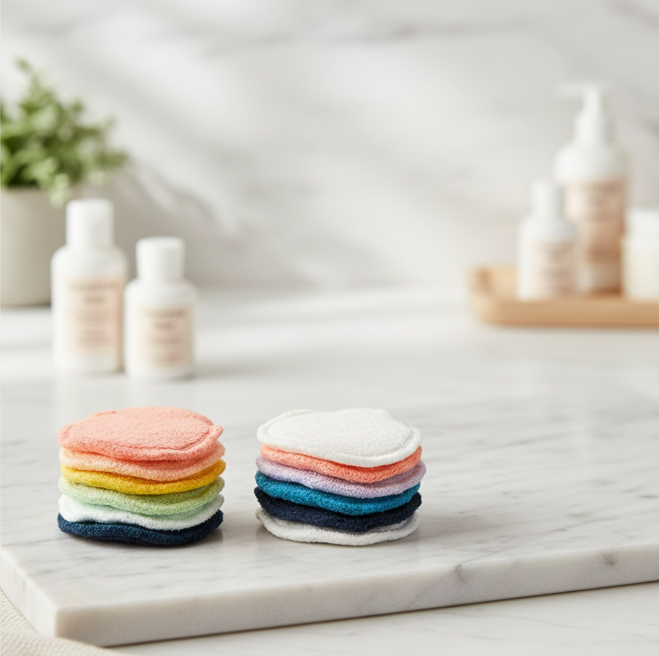 cotons démaquillantes lavables doux colorés posées dans une salle de bain de marbre gris