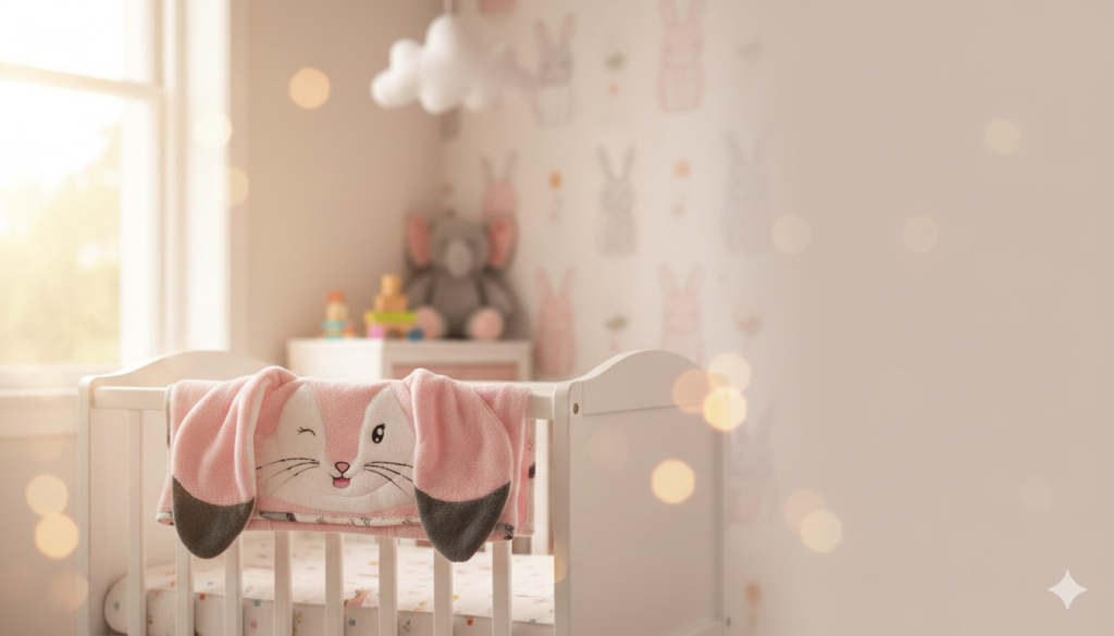 cape de bain lapin rose et gris posé sur un berceau
